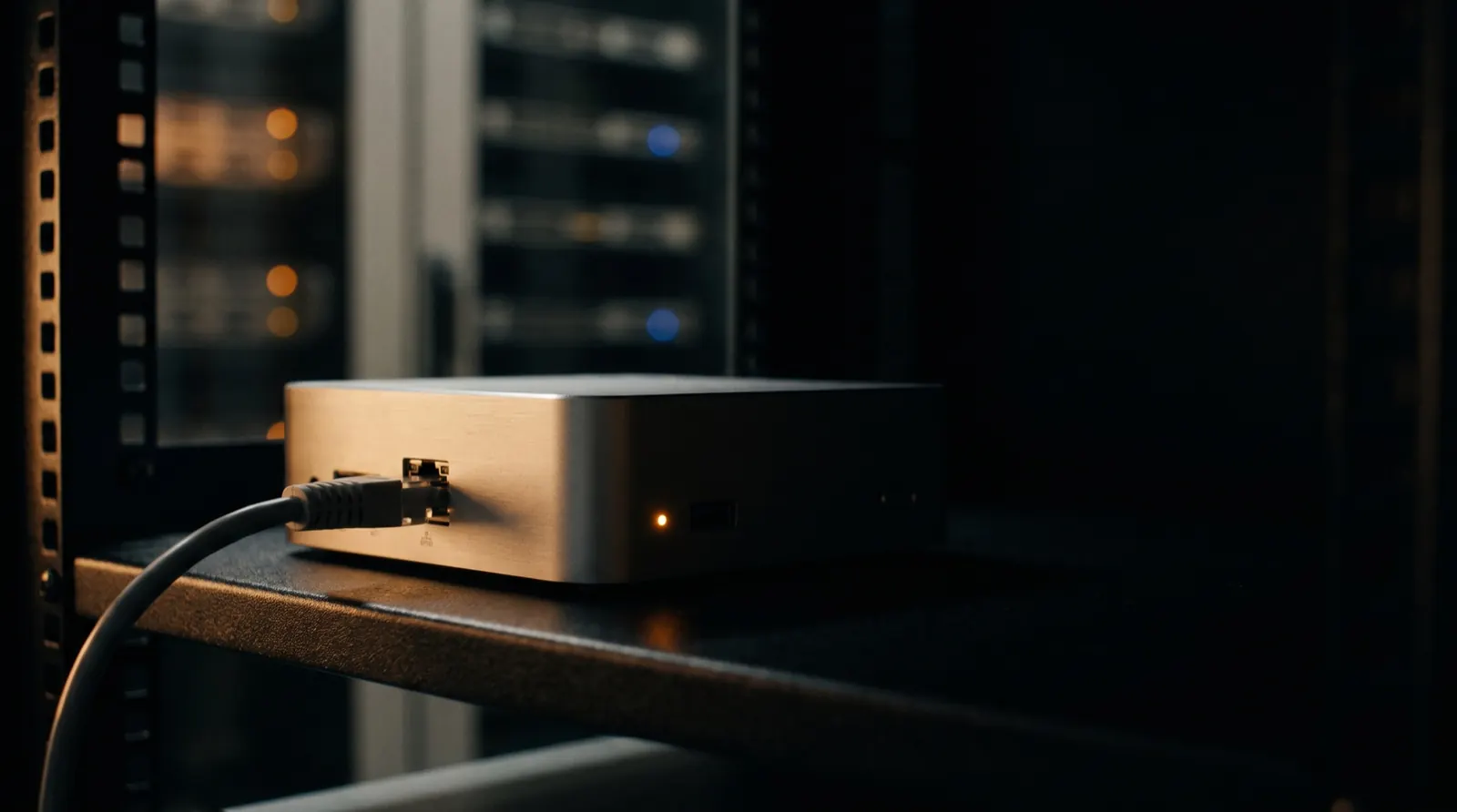 Il mini PC di SPUN One su un ripiano dell'armadio di rete di un ufficio: l'AI lavora in locale
